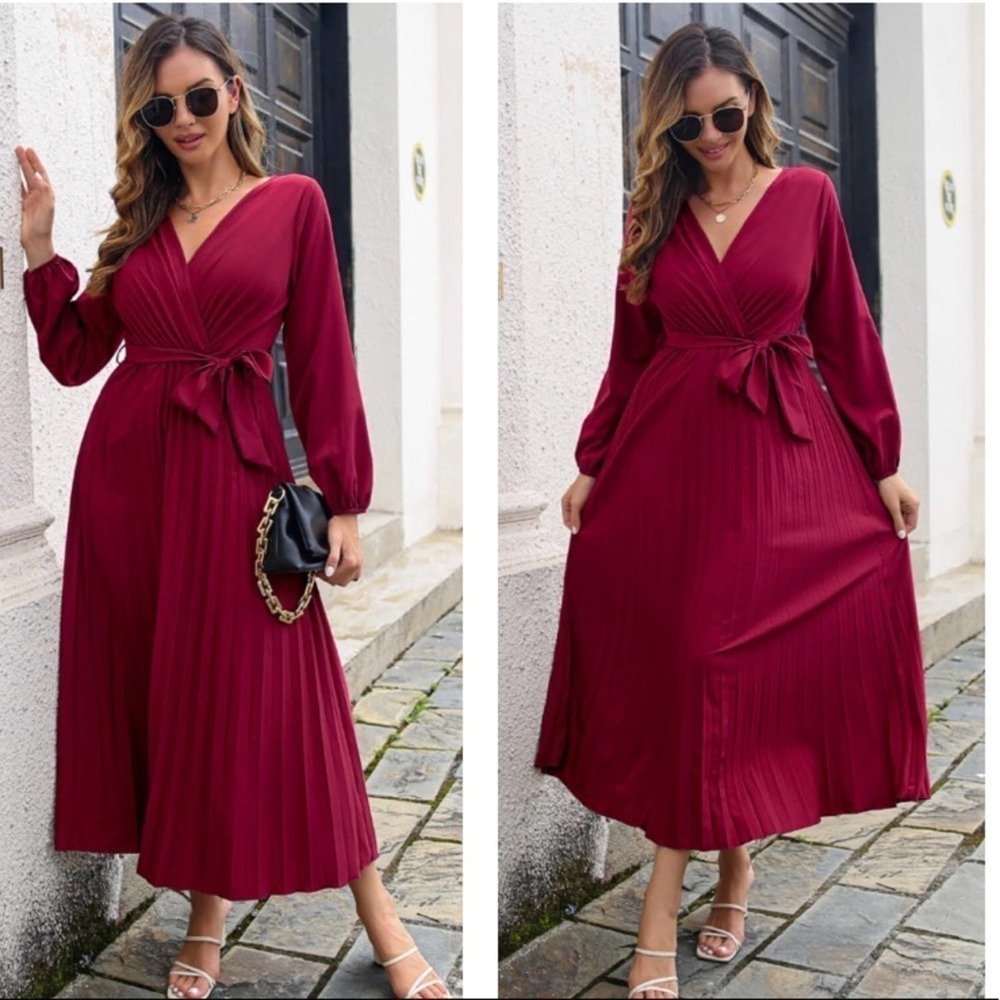 Red Pleated Long Sleeve Surplice Maxi Dress
